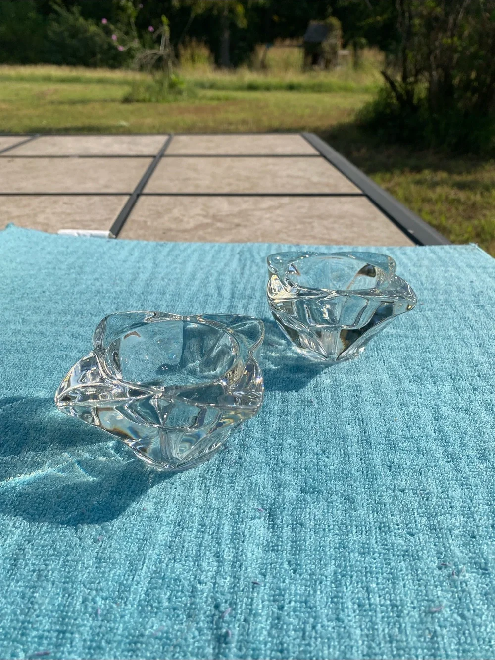 Vintage Heavy Clear Crystal Candle Holders Four-Sided Blooming Petals- Set of 2